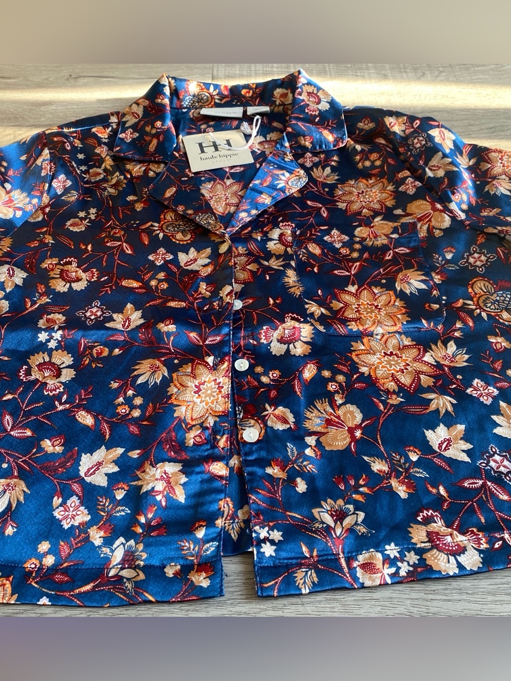 Blue & Orange Haute Hippie Floral Short Sleeve Button Down Kimono Blouse Medium - Picture 3 of 5